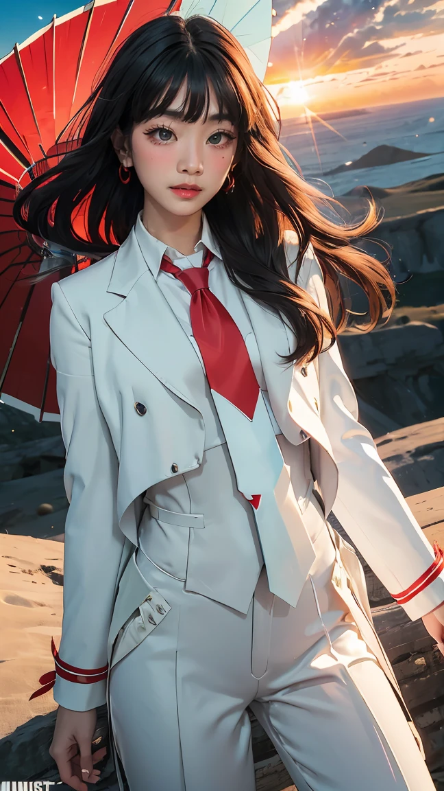 ((Masterpiece, best quality, very detailed), Volumetric light, surrounding occlusion, Rich and colorful, glow), 1 woman, lonely, young girl, (Black bangs), long hair, radius, wind energy aura, a light particle, green swiftly wind, sacred, goddess, CEO vibe, (White suit with Red necktie:1.3), armor, outdoor, sunset, sky, cloud, space, (Fantasy Theme:1.2),