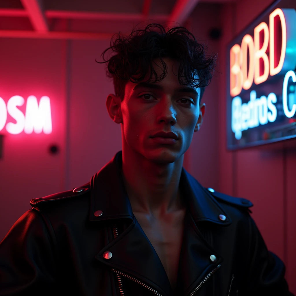 androgynous man, feminine looking man,, young, naked, very curly hair, dimples, thick collar around neck, naughty expression, black latex bodysuit, neon lights, close-up, UHD, retina, masterpiece, accurate, anatomically correct, textured skin, super detail, high details, high quality, award winning, best quality, highres