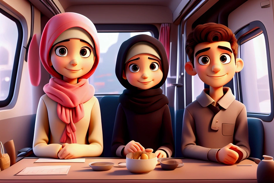 a happy 1:man, a 2:woman with hijab, a 3:young boy, and a 4:young girl, sitting at a dinner table, in a beautiful living room, colorful, 3d Pixar style, 