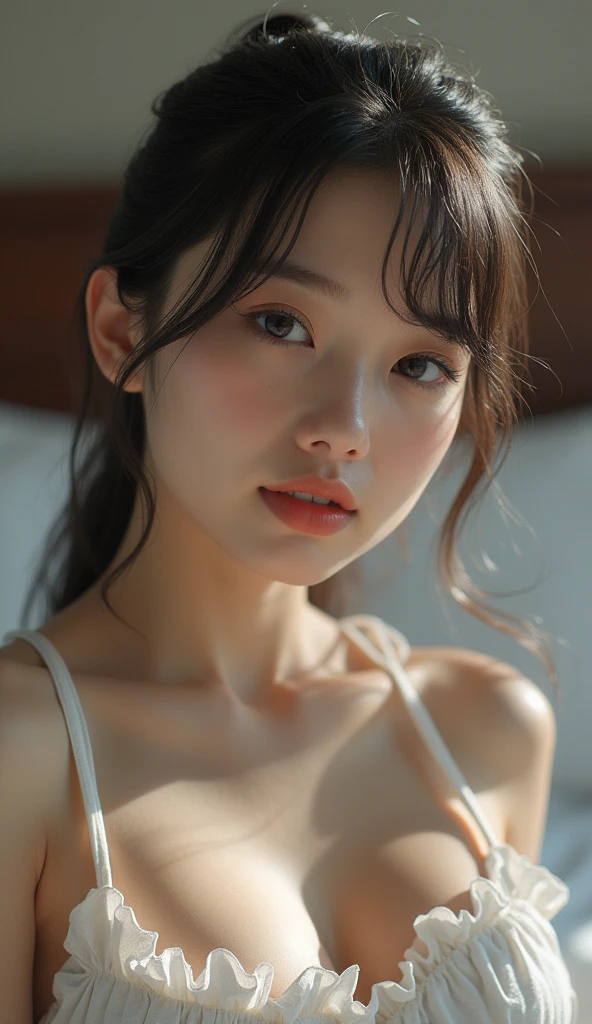 Sexy Woman, Very deep blush, Red nose tip, Long neck,Medium Chest, Visible Cracks,Warm lighting ,look up、Open your eyes、Clothing