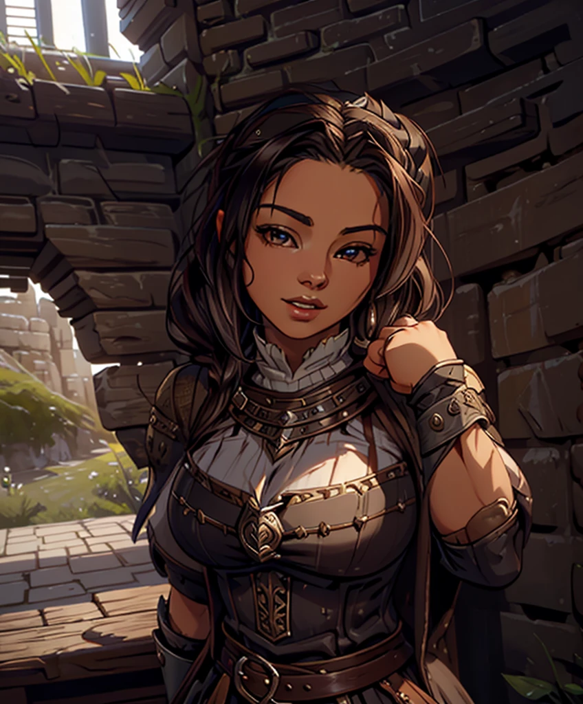 Solo focus.  Single character image. (((Dressed in traditional medieval fantasy attire for a dark fantasy game.)))  (((Appears to be 20 years old with youthful looks.))) (((Dungeon background.))) (((Dressed in medieval fantasy attire.))) Female fantasy character.  Human.  Dark clothing.  Exciting.  Frustrated expression.  Looks like a cute girlfriend.  Long black hair in pigtails.  ultra detailed, epic masterpiece, ultra detailed, intricate details, digital art, unreal engine, 8k, ultra HD, centered image award winning, fantasy art concept, digital art, centered image, flirty, best quality:1.0,hyperealistic:1.0,photorealistic:1.0,madly detailed CG unity 8k wallpaper:1.0,masterpiece:1.3,madly detailed photo:1.2, hyper-realistic lifelike texture:1.4, picture-perfect:1.0,8k, HQ,best quality:1.0,