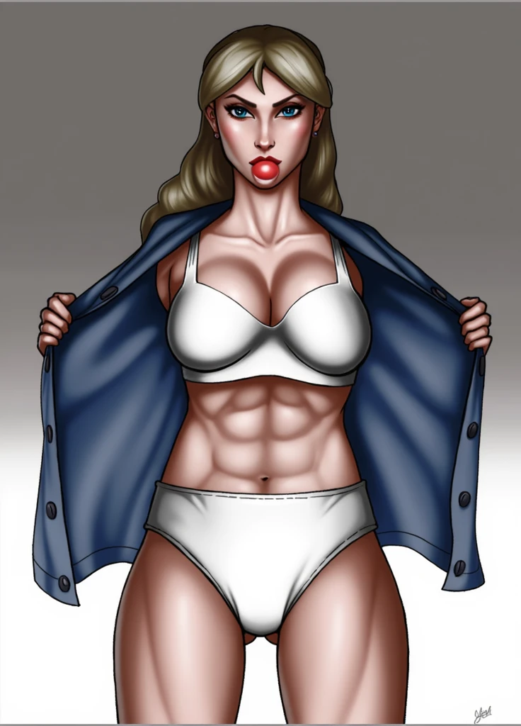 ((masterpiece, best quality)), ((29 year old)), (((Curvy))), ((Buff)), ((Norwegian woman with long blonde hair)), opening up blue shirt to reveal, ((white high cut cotton panties)), white bra, ((Blowing pink bubble-gum)), (((photo realistic)))