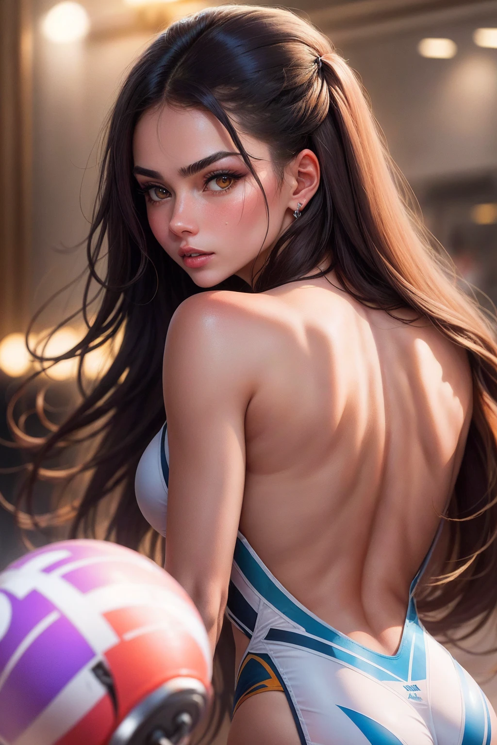 brunettes 3 tanned 3 sexy short yoga clothes tiny top blue eyes looking at the sky very long hair yellow lips purple makeup athletic body slim waist big breasts big buttocks. . rain rain