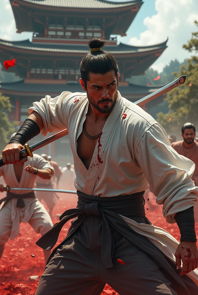A brunette man with stylish hair style,blood his body and face, fight with 4-5 enemy front of samurai temple