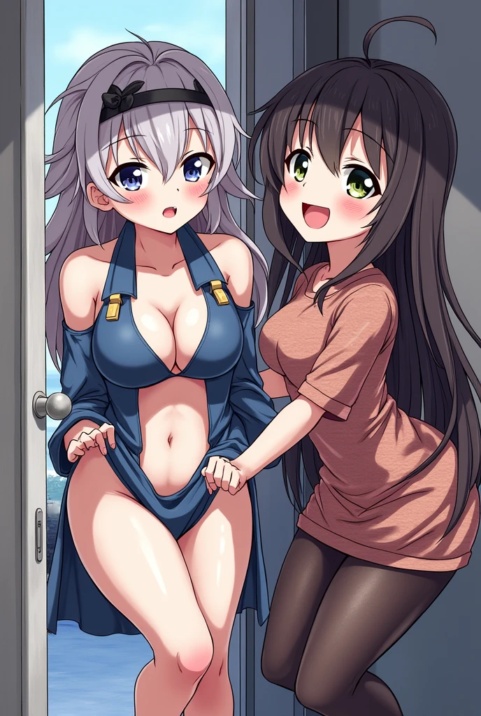 2girls, breasts ,nsfw, shirts lift, small breasts, nipples, , , white volleyball uniform, sleeveless, shorts, Tight clothes, thighs,, , locker room  , {{{masterpiece}}}, {{{best quality}}}, {{ultra-detailed}}, {illustration}, {{an extremely delicate and beautiful}}, {{incredibly absurdres}}, blush、(spread legs:1.3), mleg, belly button, nsfw, shirts lift, small breasts, nipples