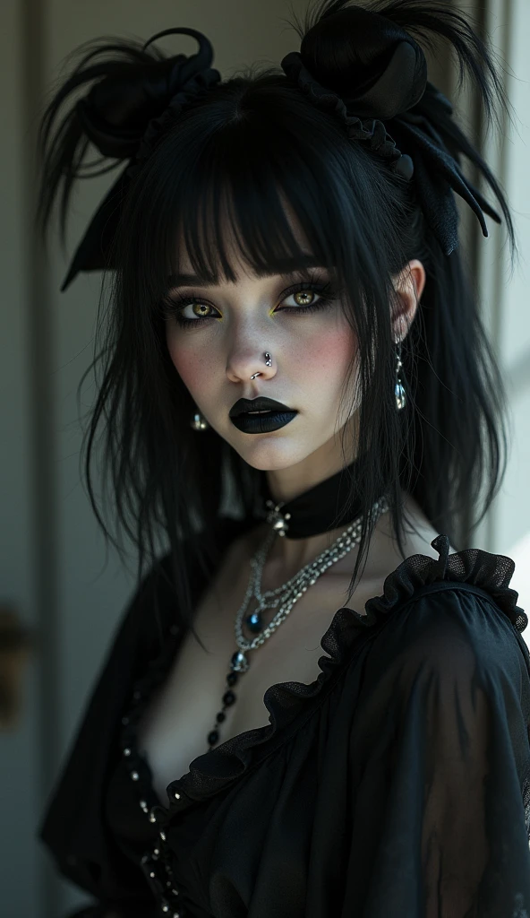 Create a character: a project that united the DNA of great celebrities Bar Rafaeli and Kate Upton. Raising a girl, The most beautiful woman in the world, Gothic girl punk makeup, Youngh, uma bela Youngh, Youngh sedutora, goddess of beauty, não existe nenhuma Youngh mais bela que ela, top model Gothic, linda dominatix. Um Youngh mulher de 25 anos, uma garota Youngh gótica, Gothic princess, black spiky hair, bob haircut, black hair with bangs, very short black hair, black hair over the eyes, slicked black hair, short black hair, messy black hair, asymmetrical black hair, ultra detailed face, wears dark gothic makeup, gorgeous blue eyes, eyeliner, eyeshadows, eyelash, full mouth, black lipstick, thick eyebrows, black nails. A beautiful body, perfectbody, ultra detailed body, perfect breast, perfect waist, perfect ass, Perfect hip, perfect leg, perfect arms and hands. Wears black corset, black skirt, black fishnet stockings and black boots. awarded photo, woman dominant pose, breathtaking cinematic photo, confident stance, punk inspiration, Gothic, art, Gothic!!, estilo Gothic, Gothic outfit, Goth girl, gothic vibe, Gothic style, Gothic, Gothic horror vibes, Gothic wearing, Gothic chique, Gothic fashion, gothic aesthetic, Gothic girl, Gothic aesthetic, dark and Gothic, head in front of the camera, frontal image, look at the erotic viewer, sensuous, Attractive posing, bold poses, posing frontally, she is looking at the front of the camera, mulher sensuous. 16k resolution, 8k, ultra HD, high qualiy, RAW, realisitic, retina, artistic, precise, anatomically correcte, texturized skin, high détail, awardwinning, cinematic lighting, hdr smooth, sharp focus, Nikon D850 DSLR, 50mm, Photorealistic Magazine Style, Masterpiece artwork, high budget Hollywood movie feel, Cinemascope, epic, marvelous, film grain, super realistico, super verbose, intricate skin, eyeshadows dramáticas, it needs, 