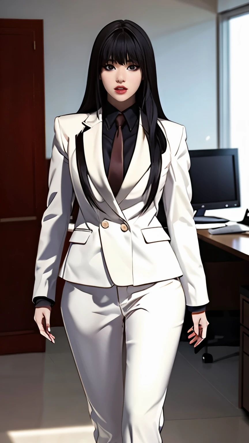 masterpiece, high quality, depth of field, dramatic light, best shadow, best illumination, (backlighting), 8k, beautiful lighting, best quality, highres, female focus, Jiyoung Yoo, 1girl, solo, black hair, long hair, white office suit, red jacket,   