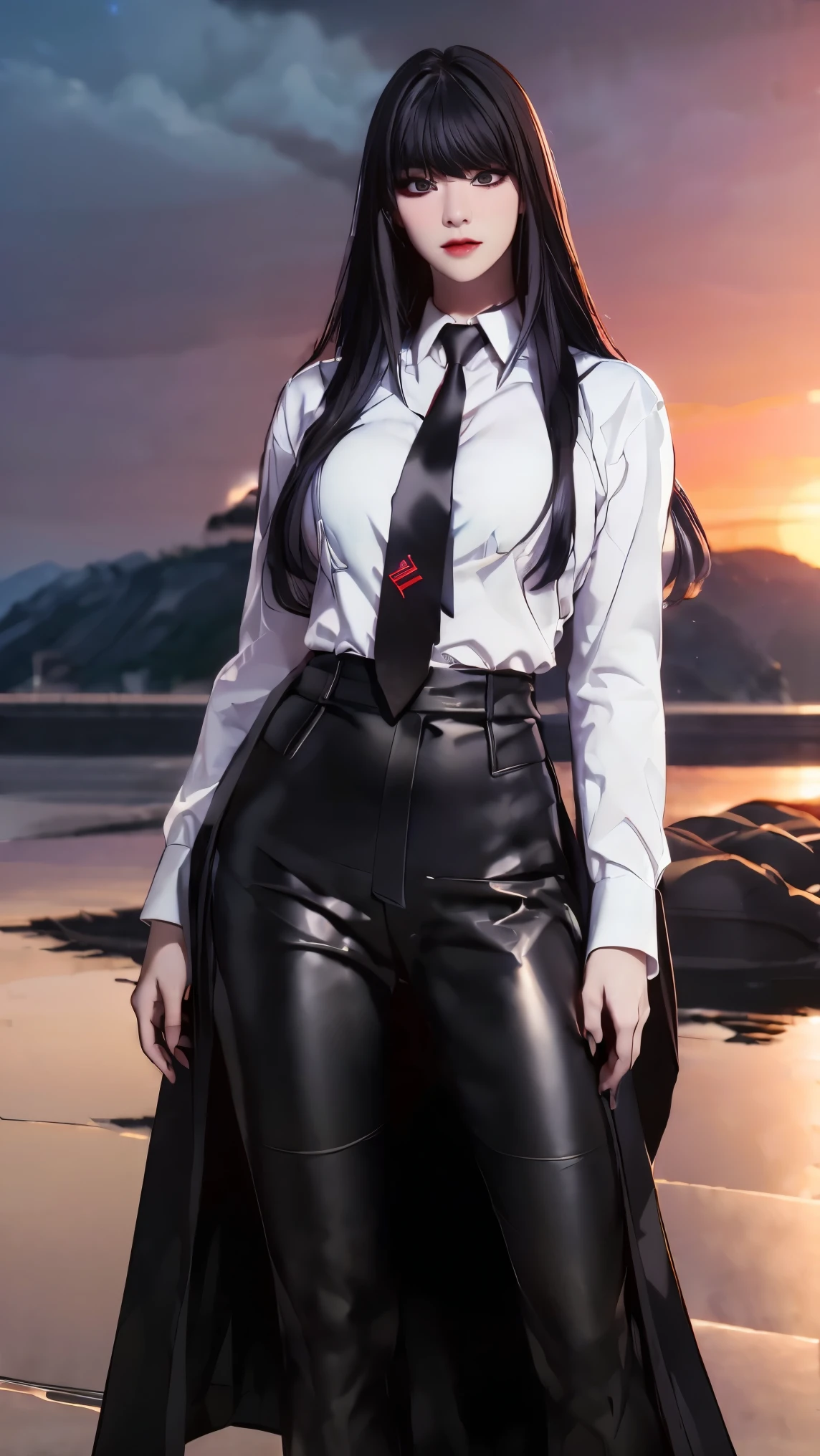 ((Masterpiece, best quality, very detailed), Volumetric light, surrounding occlusion, Rich and colorful, glow), 1 woman, lonely, young girl, (Black bangs), long hair, radius, sacred, goddess, CEO vibe, (Black suit, White shirt with Red necktie:1.3), armor, outdoor, sunset, sky, cloud, space, (Fantasy Theme:1.2),