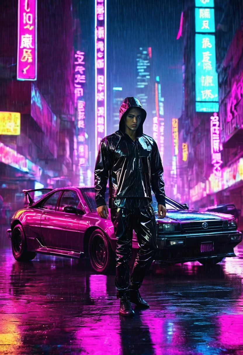 (Masterpiece, Best Quality, high resolution, fondo de pantalla de unidad 32k, Extremely detailed CG:1), (weak illustration on stage:1.0), ((1 young handsome man:1.55 by cyberpunk:1.5 )),(( cyberpunk night city:1.4)), neon signs futuristic cars, dark place rain, ((latex suit and harness magenta neon lights illuminating the young man perfectly:1.45) . 32k