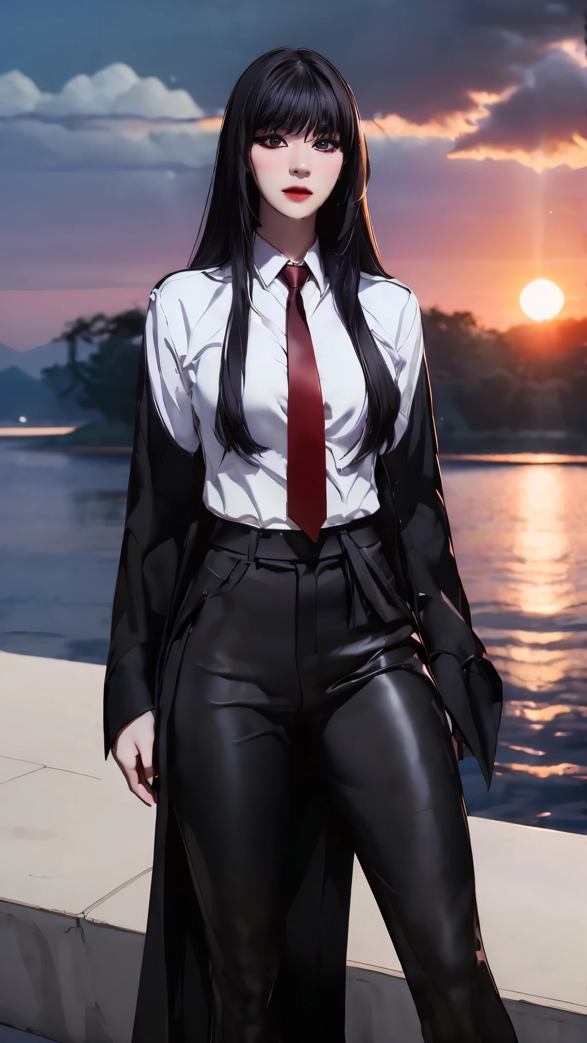 ((Masterpiece, best quality, very detailed), Volumetric light, surrounding occlusion, Rich and colorful, glow), 1 woman, lonely, young girl, (Black bangs), long hair, radius, sacred, goddess, CEO vibe, (Black suit, White shirt with Red necktie:1.3), armor, outdoor, sunset, sky, cloud, space, (Fantasy Theme:1.2),