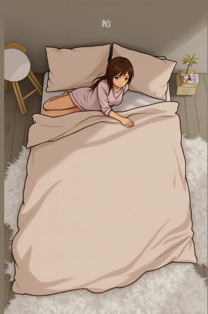 anime girl, Whole body, Very detailed face, barefoot, many details on the feet, very detailed eyes, has short brown hair, She is surprised, She is completely naked, covering her torso with a sheet, She is lying with her legs open