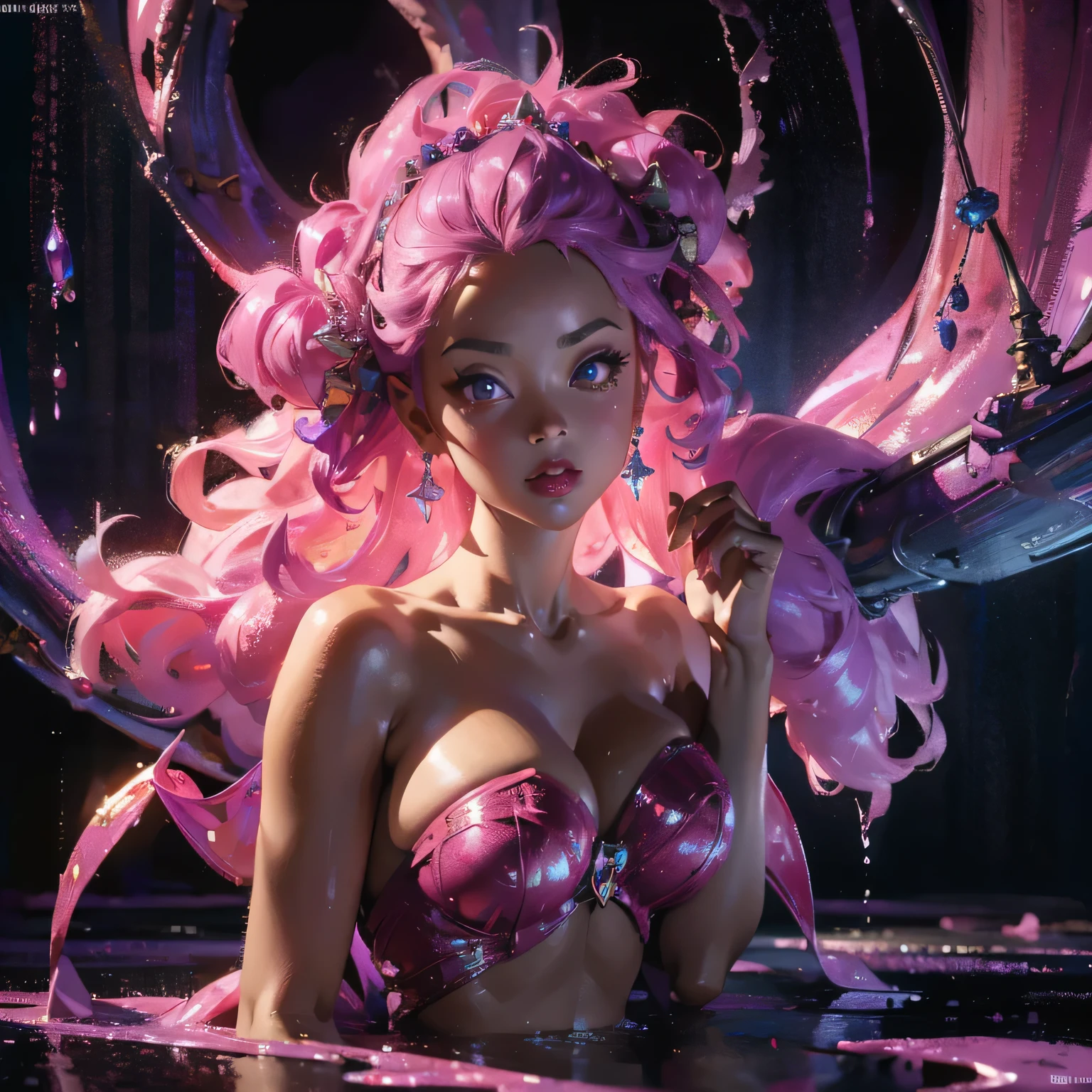 1girl, head phones, under pink bubble water, (18 years old), (dark skin), very dark skin, wide shot, (pink strapless dress), , (totally realistic), (Masterpiece, Professional lighting, 16k, 8k wallpaper, raw photo, photorealistic:1.8, ultra detailed, natural lighting, detailed skin sexy pose, open mouth, big lips, night time, eyes closed, pink light, steam, pink foam, magic energy, neon light, soaked, sweating, crying, screaming,