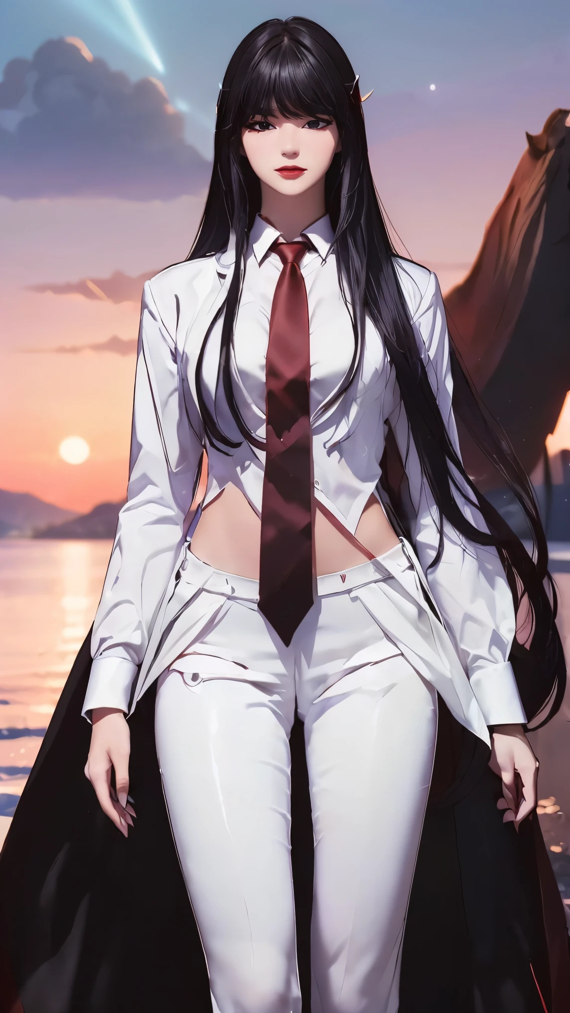 ((Masterpiece, best quality, very detailed), Volumetric light, surrounding occlusion, Rich and colorful, glow), 1 woman, lonely, young girl, (Black bangs), long hair, radius, sacred, goddess, CEO vibe, (Black suit, White shirt with Red necktie:1.3), armor, outdoor, sunset, sky, cloud, space, (Fantasy Theme:1.2),