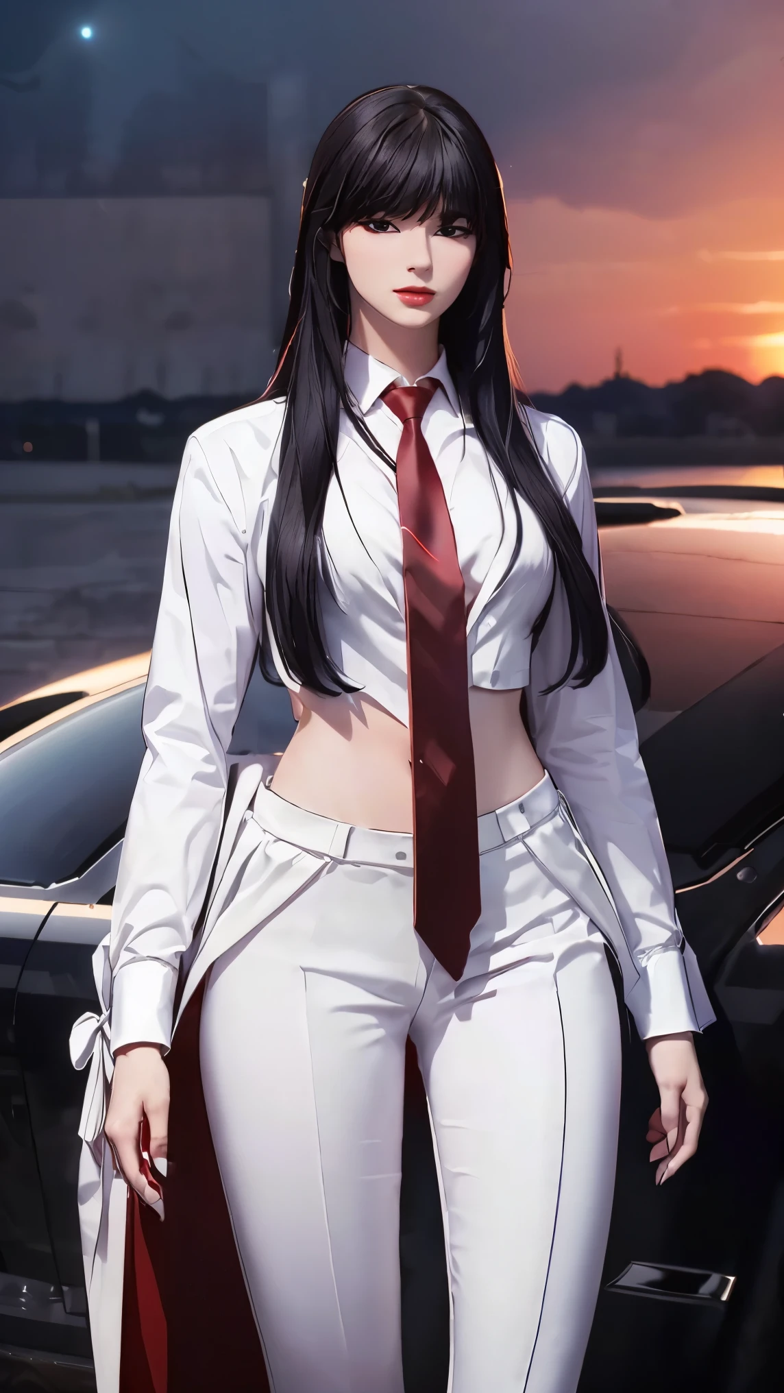 ((Masterpiece, best quality, very detailed), Volumetric light, surrounding occlusion, Rich and colorful, glow), 1 woman, lonely, young girl, (Black bangs), long hair, radius, sacred, goddess, CEO vibe, (Black suit, White shirt with Red necktie:1.3), armor, outdoor, sunset, sky, cloud, space, (Fantasy Theme:1.2),