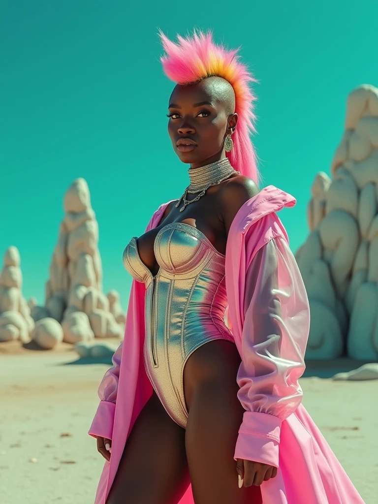  close-up, full length, an one absolutely naked   afro black girl , small breast, very big hips,very long red hair ,backdrop of an alien spaceship, looking at me, ultra-high-quality detailing