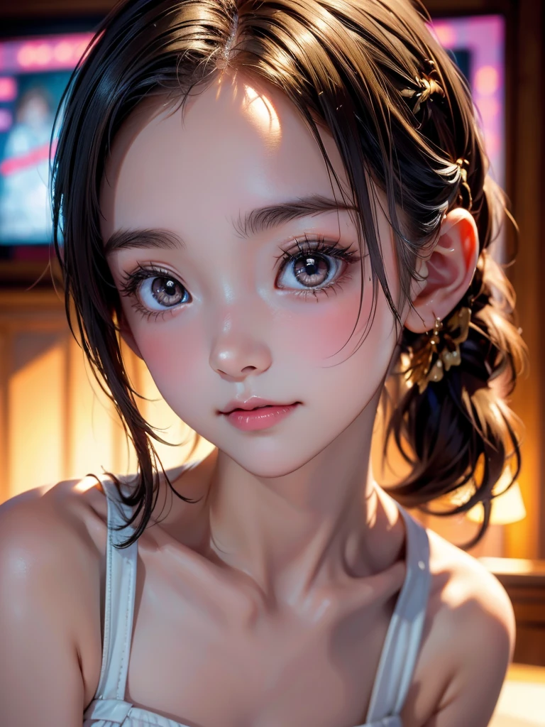 One Girl，(1人のとてもcute女の子:1.3)，masterpiece，Highest quality，High resolution，From below，Low - Angle，Photorealistic，RAW Photos，Ray Tracing，Physically Based Rendering，beautiful girl，(:1.3)，cute，Big eyes，(detailed pupils:1.2)，(The face is facing straight ahead:1.3)，Body facing forward，Beautiful nose，High nose，Upturned nose，Fuller lips，Short black hair，ponytail，short hair，Detailed eyelashes，Thin eyebrows，Very fine grain definition，(Symmetrical eyes，Golden Ratio:1.3)，(Face close-up，Face Focus:1.0)，Small breasts，Short neck，White swimsuit，White Bikini，The background is the sea，Southern Island，sunset，Sunset，Portrait，View Viewer，Upper Body，Cinema Lighting，High resolution，Very detailed