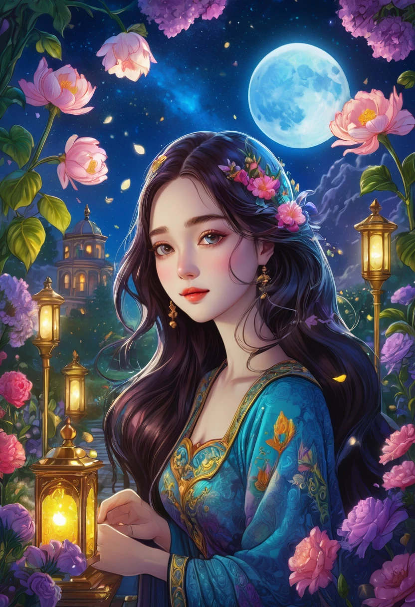 Tarot Cards, beautiful, a girl reading Tarot Cards,Smiling girl,beautiful細部,Detailed lips,Tarot Cards,Ancient Tarot Decks,illustrated Tarot Cards,Vibrant colors,Mysterious atmosphere,Magic Garden,Flowers Bloom,moonlight,Night Sky,Soft glow,Artistic Oil Painting,High-resolution images,(masterpiece:1.2),Very detailed,Realistic,Bokeh