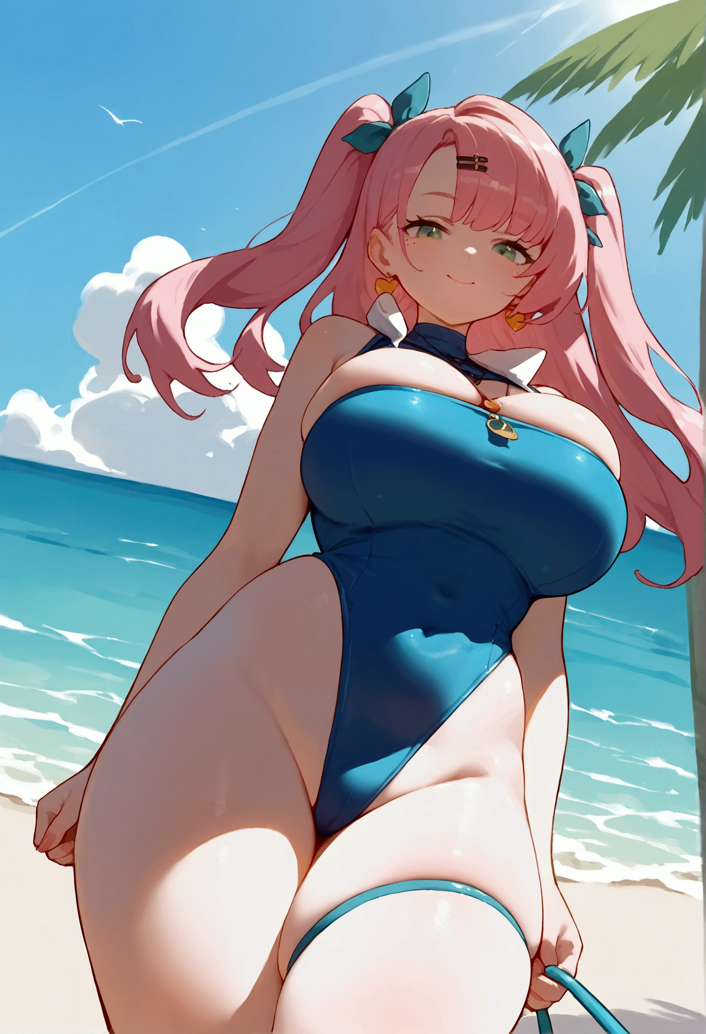 score_9, score_8_up, score_7_up, source_anime, looking at viewer, looking down, cowboy shot, Ncle, green eyes, pink hair, long hair, two side up, hair ribbon, hairclip, mole under eye, earrings, jewelry, swimsuit, bikini, one-piece swimsuit, blue one-piece swimsuit, zipper pull tab, large breasts, thick thighs, skindentation, smile, ocean, beach, sunlight, outdoors, Big breasts