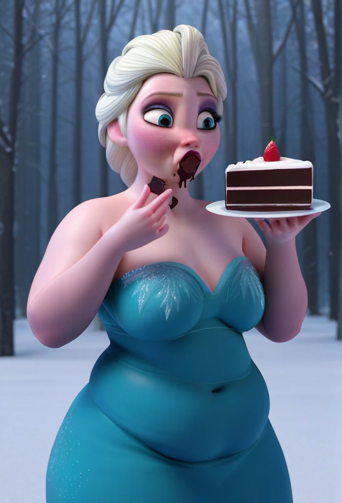 (( 3D, a slim and short Man indulging Elsa,a Man touching elsa's cheeks,A Man pinching and  touching Elsa's Belly )) ,Tall ,slim faced Surprised Chubby Elsa,literally gained put on weight,fullbodyimage,Raised Eyebrows, Plump body,in the snowy Arendelle forest around trees,Plump Lips,triangle body shaped,wearing a queen dress,Wide İndulging Eyes,prominent chubby belly,eating a chocalate cake,Elsa has a chocolate stain around her lip