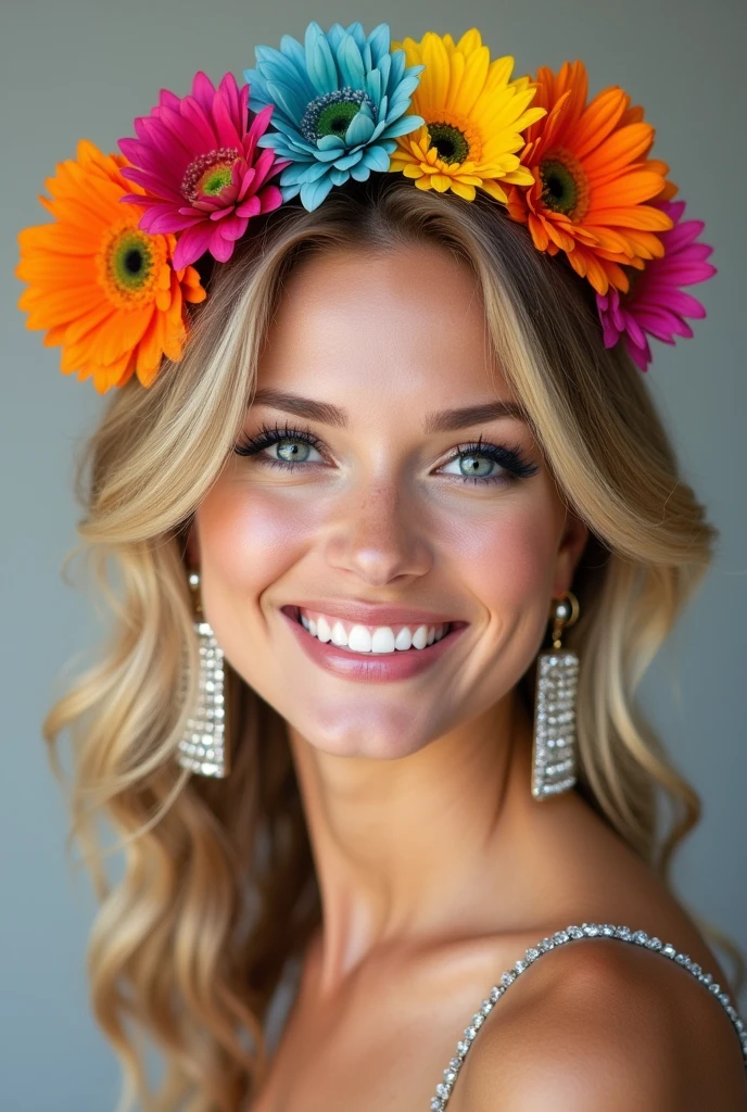 (Cyber Dutch_v2:0.99), A sexy, model shoot tyle, bright smile, (Highly detailed CG Unity 8k wallpaper), photo of the most beautiful artwork in the world, Professional majestic photos, 8K  UHD, Digital SLR, Soft lighting, film grains, ultra high details, sharp focus, Dramatic, (wearing a sexy floral strapless Sunday dress), (Watching the viewer), (Detailed eyes) , (natural soft light), (a closeup), (Enchanting)