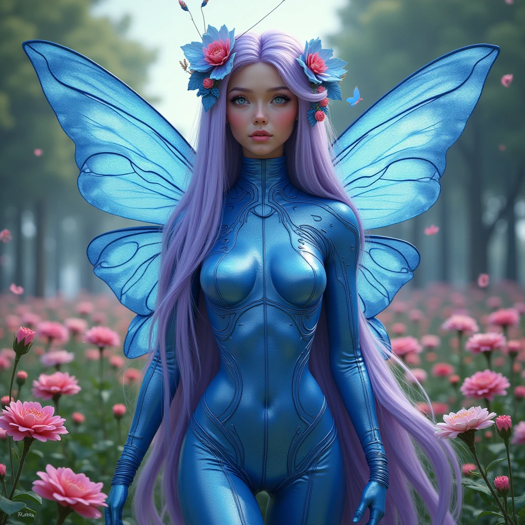 a picture of a jungle fairy, an extraordinary beautiful, elegant beauty, divine beautiful fairy, ((anatomically correct: 1.5)) spread butterfly wings, blue and purple wings, pink eyes, glowing eyes, (ultra detailed face: 1.2), best detailed face,  blond hair, rich hair, wavy hair, glamour dress, wild dress, dress decorated with jungle flowers,  sitting on massive heliconia tree the rain forest, sun rays coming through the trees, Hyperrealism style, vibrant, Ultra-high resolution, High Contrast, (masterpiece:1.5), highest quality, Best aesthetics), best details, best quality, highres, ultra wide angle, 16k, [ultra detailed], masterpiece, best quality, (extremely detailed) RAW, chumbasket art style, FairyTaleAI, fairy wings, 