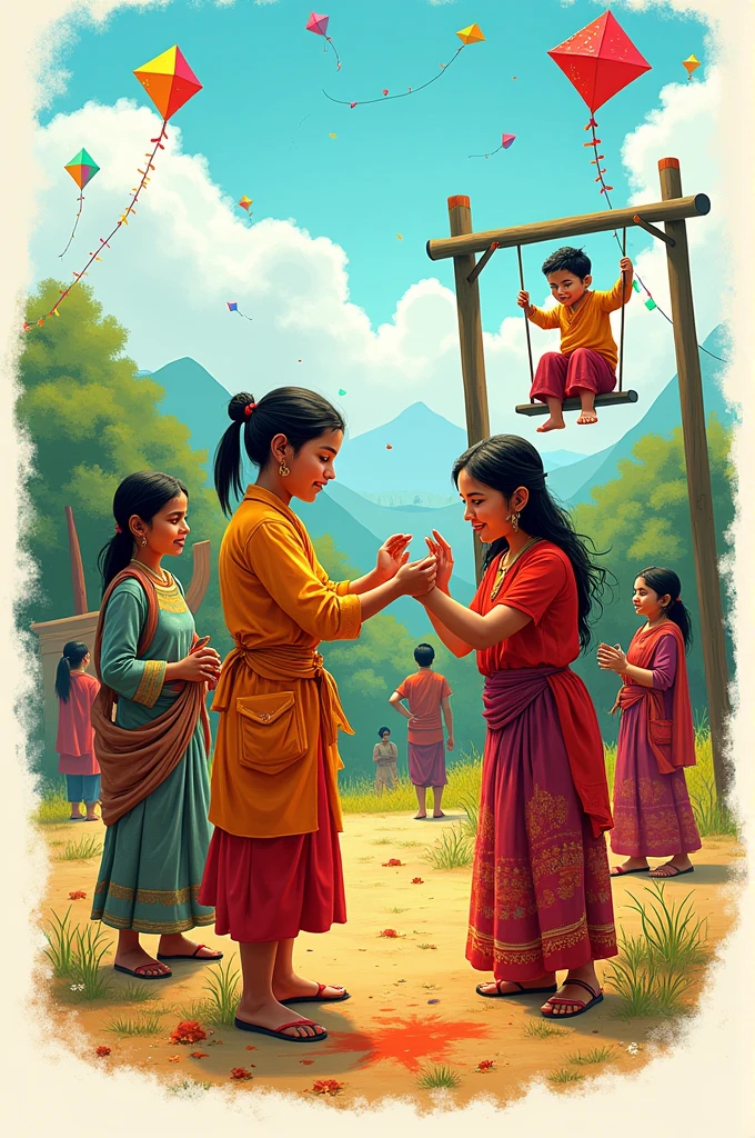 Pale white skinned North Indian slave woman with dark skinned child, and dark skinned south indian slave woman with pale white skinned child, gupta era, both are sitting beside a lake, threaten eachother with knives while sitting their own child on their lap
