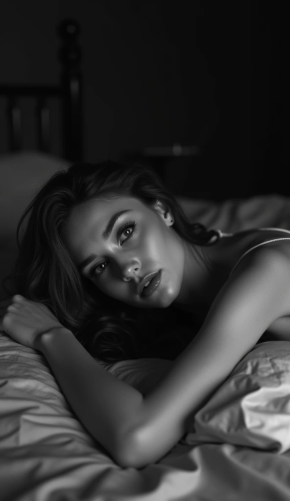 sensual brunette woman on a bed in underwear black and white photo