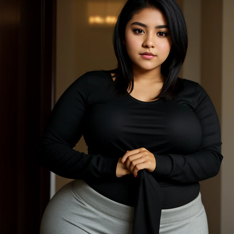 body photo, beautiful detailed, cute face, cute mexican teen, skinny, short black hair, black hair over one eye, long sleeve plain T-shirt, long pants, thick curvy wide hips, solo,