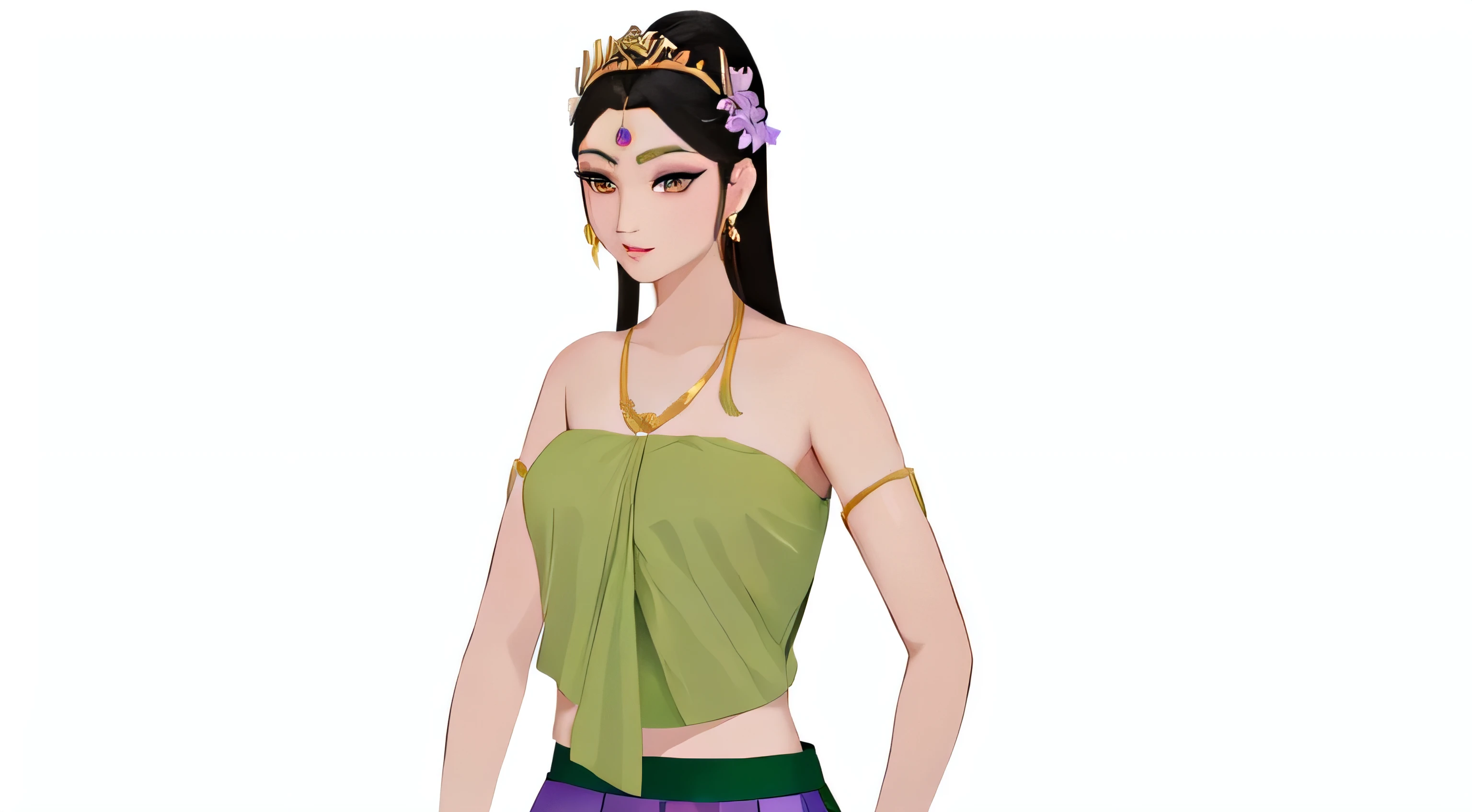 arafed woman in a green top and purple skirt with a flower in her hair, portrait of modern darna, south east asian with round face, anime thai girl, digital art of an elegant, ancient asian dynasty princess, sukhothai costume, beautiful female princess, ancient libu princess, a young asian woman, detailed face of a asian girl