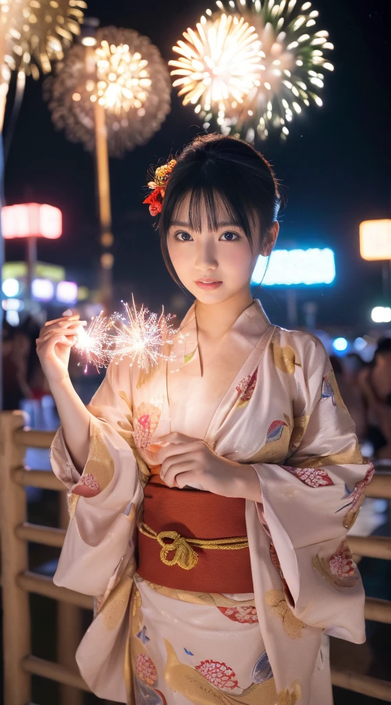 (((masterpiece，Highest quality，Highest quality，8k，16K))，((Ultra-high resolution，Very detailed)))，Japanese，beautiful girl，glamorous，Golden Ratio Style，yukata，Tying up hair，hairpin，Drawstring bag，can，night，Outdoor，River bank，Summer festival，firework display(firework)、fireworkの華やかな淡い光，(firework displayのfireworkを背景した様子)