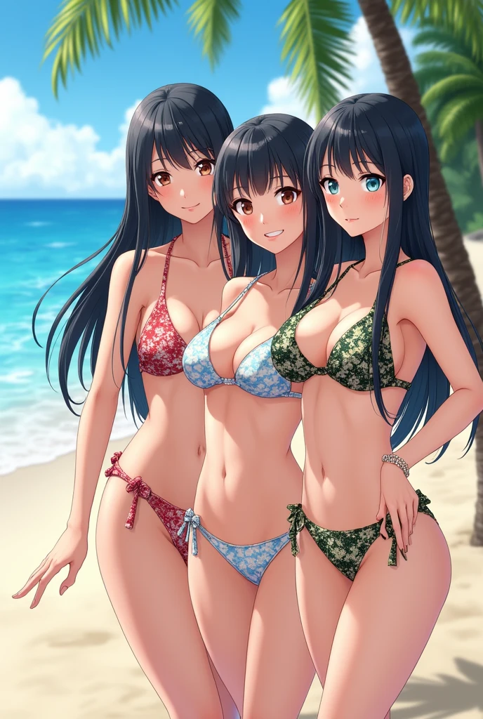 A 42-year-old mother and her 12-year-old daughters、Completely naked、crowd、Crouching with legs spread、Watery eye、Highest quality、beach、Cute illustration、