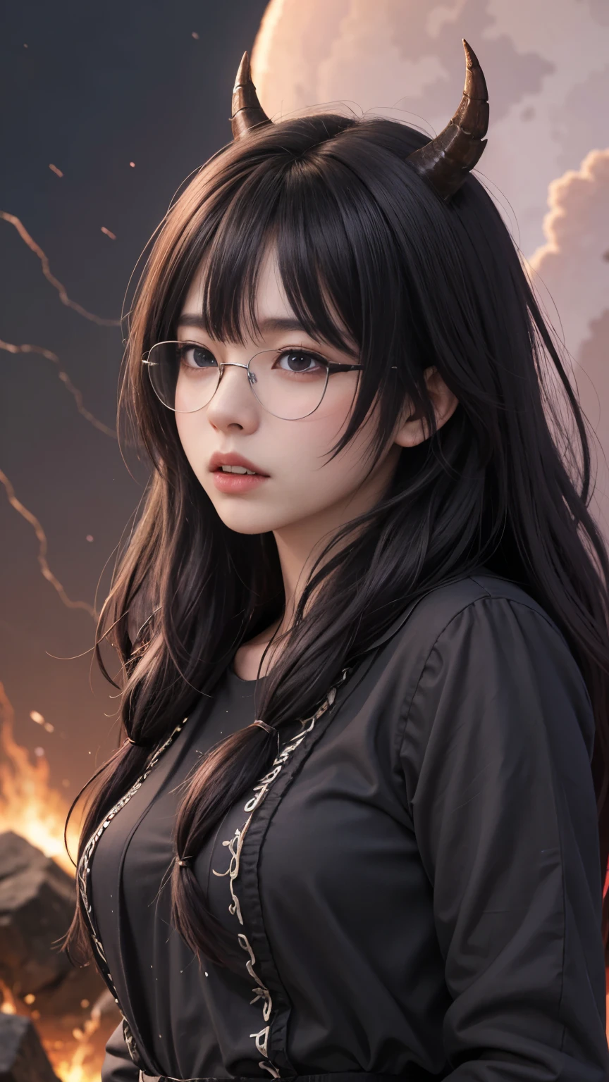 background(Black Night Sky,Big Moon),Close-up of a woman,Wearing a white shirt、((Black-rimmed glasses))、Purple Hair,Very long hair,very thick braids,Purple eyes,big , realistic girl rendering, 8k artistic german bokeh, Enchanting girl, Realistic girl, Gurwitz, Gurwitz-style artwork, Girl Roleplay, Realistic 3D style, cgstation Popular Topics,, 8K Portrait Rendering,(truth,truth:1.4),Wear pink pajamas,巨big ,Sparkling eyes,Purple eyes、(highest quality,4K,8k,High resolution,masterpiece:1.2),Very detailed,(Realistic,photoRealistic,photo-Realistic:1.37),Mythical monster,Beast-like creature,Muscular,Six big legs,Stand like a gorilla,Red fur covering the body,two big horns,Drill teeth,Sharp Claws,Huge shape,Burning Fire Magic,Energy aura,A threatening presence,Glowing Eyes,Intimidating posture,Dark Environment,Smoke-filled air,Ominous Shadow,Majestic and fierce,Explosive power,Vibrant colors,bold,Horror art style,moving composition,Dramatic lighting,rib layer,large sharp teeth,Sharp Edges,Very detailedスケール,Burning Crack,Burning Flames,Furious expression,Burning with anger,Surrounded by sparks and embers