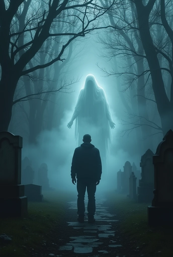 Details: A ghostly figure loomed behind them, breaking the silence of the graveyard.