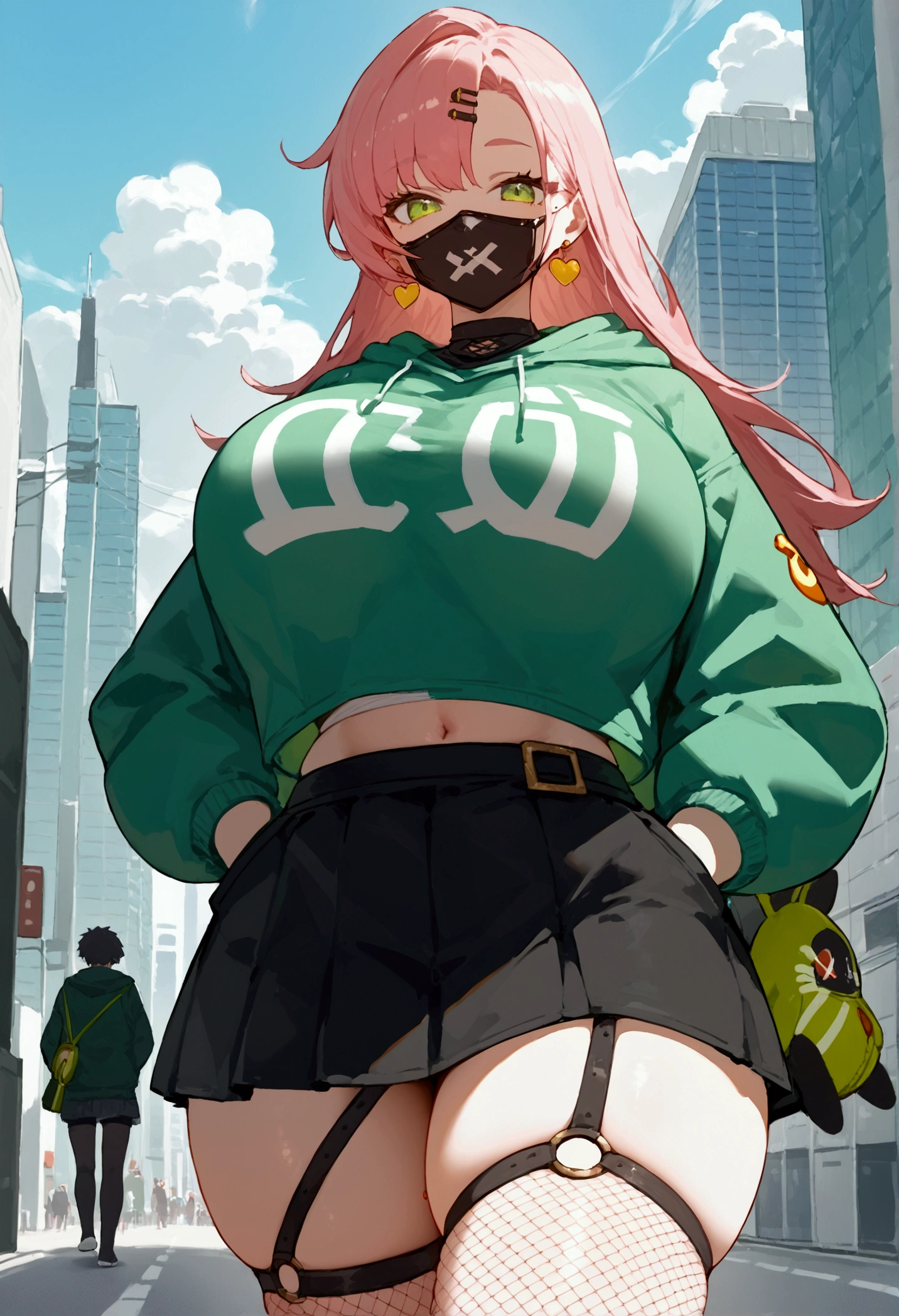 score_9, score_8_up, score_7_up, source_anime, looking at viewer, looking down, cowboy shot, Ncle, green eyes, mole under eye, earrings, jewelry, green hoodie, hood up, hands in pockets, black skirt, sunglasses, mouth mask, solid green colored hoodie, pullover, fishnet pantyhose, large breasts, thick thighs, skindentation, smile, walking, city, japan, buildings, cloudy sky, day, skirt, Big breasts