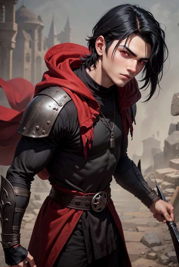A young man, (((独奏))), (25 years, pale skin, ah high, pale skin, round face, square jaw, completely red eyes, Short black hair, Hit, thick eyebrow), Stern face, bare breast, On the chest is a silver spider-shaped pendant, (He's a dark magician, wears a costume of long fabric, green and black colors, with silver shoulder pads and bracelets), (he is bleeding, A fist hits him in the chest, Victory over abstinence, with a rosary in hand, in an ancient city, with white marble structures, with a rose garden in the background, grey sky, a closeup of a, medieval fantasy), (It conjures up green energy around it)