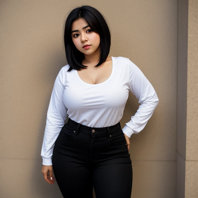 body photo, beautiful detailed, cute face, short, Guanajuato , slightly chubby, short black hair, black hair over one eye, long sleeve plain T-shirt, long pants, pearshaped wide hips with thick thighs, solo, voluptuous round butt.