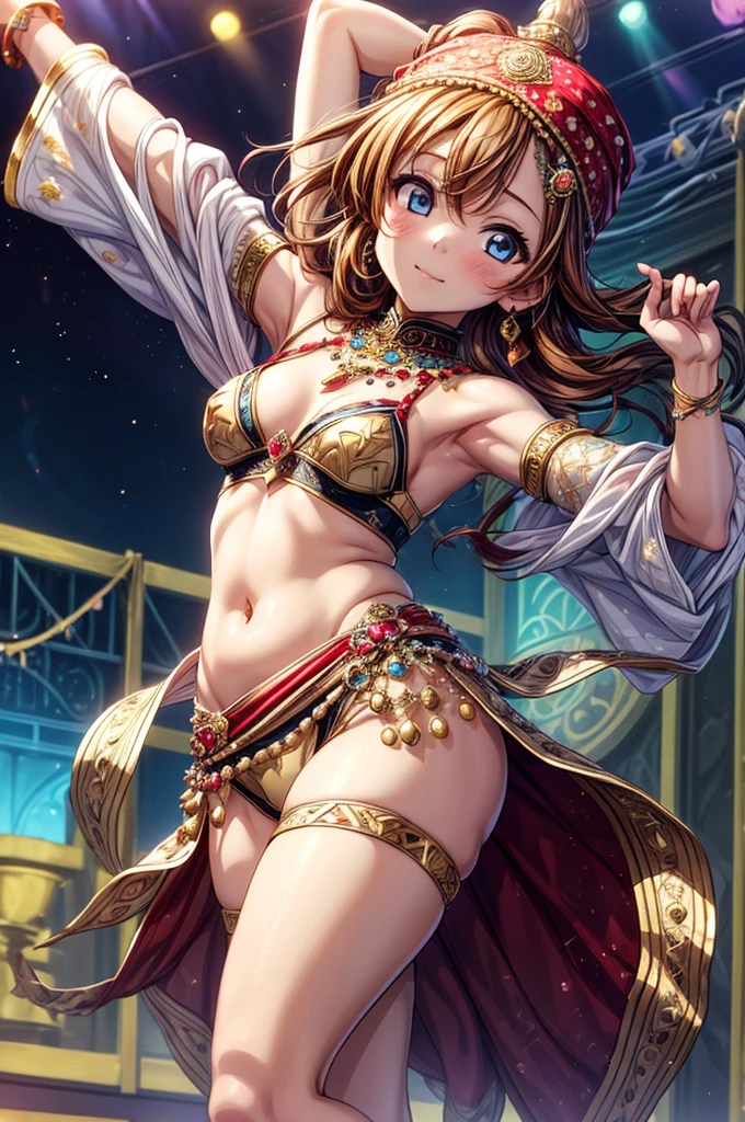 ((best quality)), ((masterpiece)), (detailed), bellydancer ,jewelry, dancing, arabian clothes, colorful clothes, turban/headband, kousaka honoka, curvy body, arms up,plump, thighs, (exposed pussy), panties