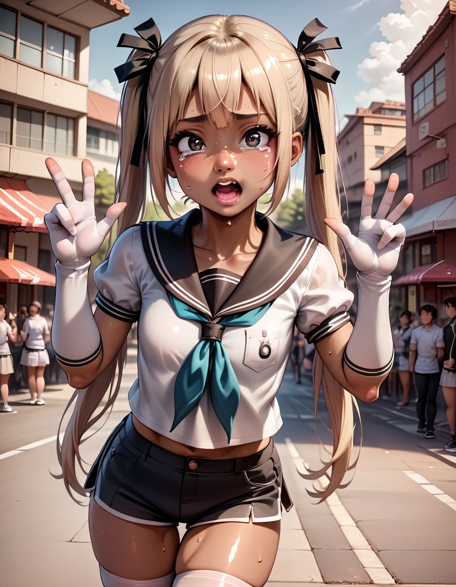 ai-generated,stunning,photorealistic,realistic,highres,HDR,intricate,elaborately designed clothes,very aesthetic, amazing quality,great quality, best quality, high quality, aesthetic,digital art, {{sailor collar}},Short shirts,short sleeves,{blue brown},{{{white thighhighs}}}, thigh gap, shiny clothes,white elbow gloves,Marie Rose, 18yo, , (dark-skinned female:1.4)、,、Photographed with a smartphone、、、Escape to, score_9, score_8_superior, score_7_superior, score_6_superior, score_5_superior, score_4_superior、Inspired by Japanese manga style, Manga style, How to draw manga, Digital drawing, An 8K masterpiece depicting a Japanese manga about girls in their twenties, Act as a slave, Anguished expression, A gesture of defeat, . She is crying and screaming. , shortness of breath, , close your eyes, fatigue, Sweaty. . My open fingers are rough. whole body. . Six Pack Abs. . information. Surrounded by a crowd.full body