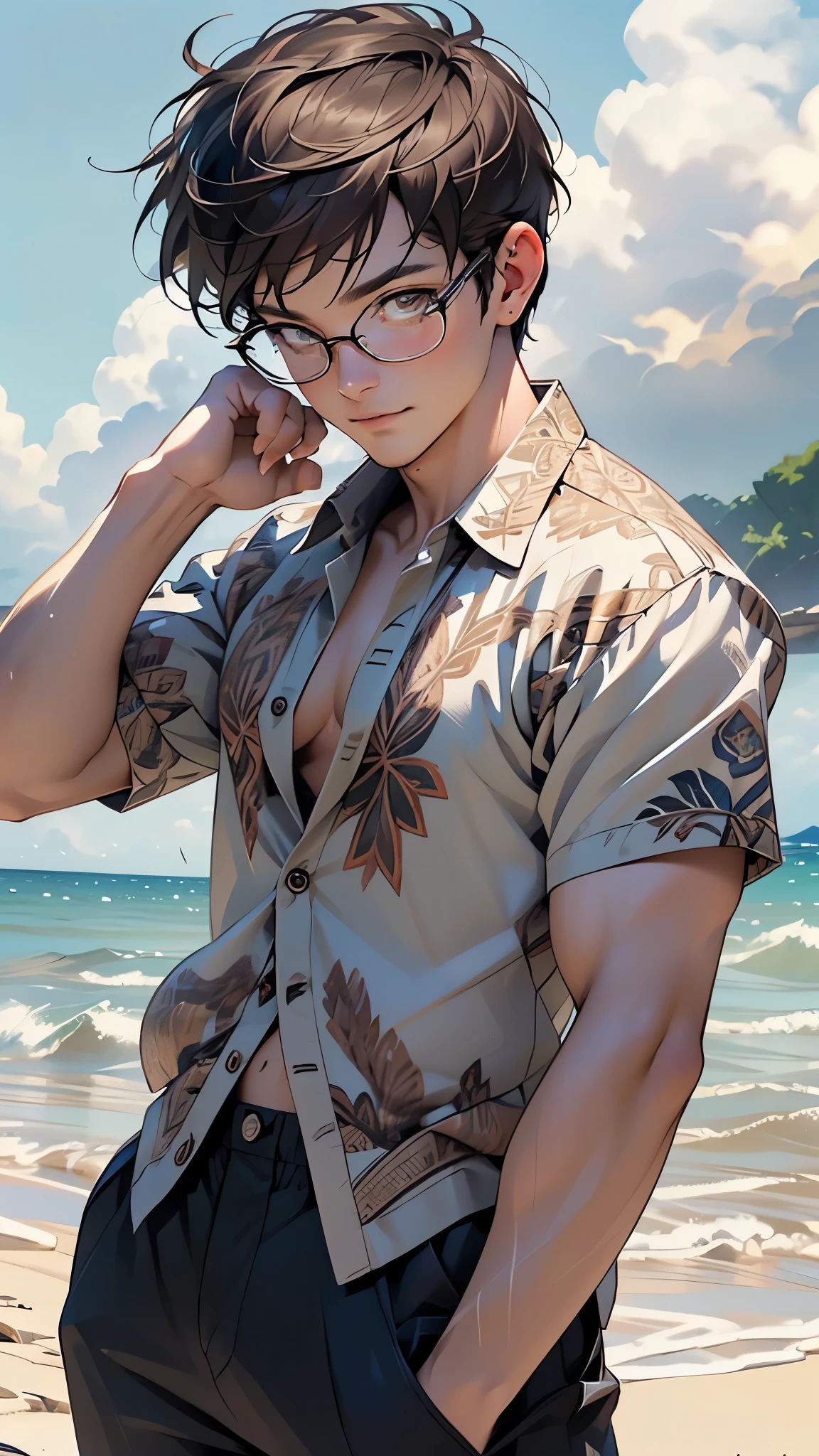 (absurdres, highres, ultra detailed, HDR), masterpiece, intricate, best quality, half body from below:1.1, portrait of a handsome anime character from ayashino ceres, short hair, original hair, captivating scene , boy enjoying a luxurious poolside. happy face, topless, see through shirt showing chest, wearing very short shorts showing legs, slightly hairy, Incorporate elements of nature, architecture, and the character's unique charm to create a visually stunning and immersive environment, art kenouji.