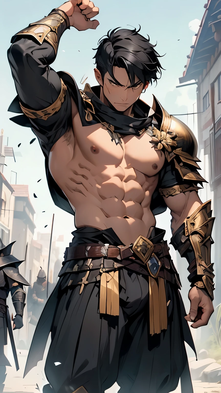 (masterpiece, best quality, Angle from below, solo mature male:1.2)、bara, manly, newest, Detailed background, Solo,seductive 、popular on pixiv、masutepiece、Best Quality、exhale、Soft smile、Solo Male、Sweating、bulge, burly、muscular、Unshaven、thick eyebrow、35-year-old man、(red short hair:1.3)、All Back Hair、cropped hair、a castle yard、Fantasia、Knights、(Wear richly decorated Western light armor:1.4)、(Wear bikini armor:1.2)、matured male、(exposing pectoral muscles:1.2),(Exposed thighs:1.2)