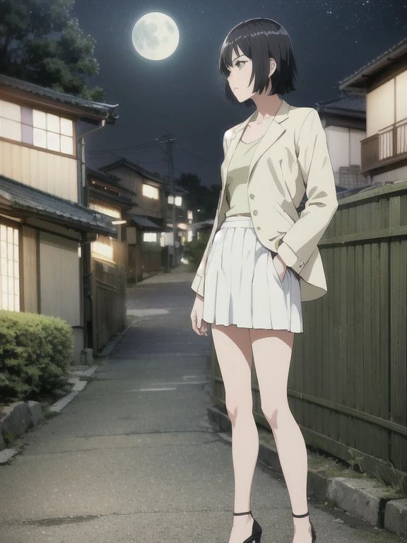 anime、Midsummer evening、((Kyoto under the moonlight))、(((Woman Standing Alone)))、((Green short hair))、((White short jacket))、Black underwear、White leather tight skirt、Slender figure、White high heels、The wind is blowing、((There is no one around))、A firm expression、Kyoto cityscape、
