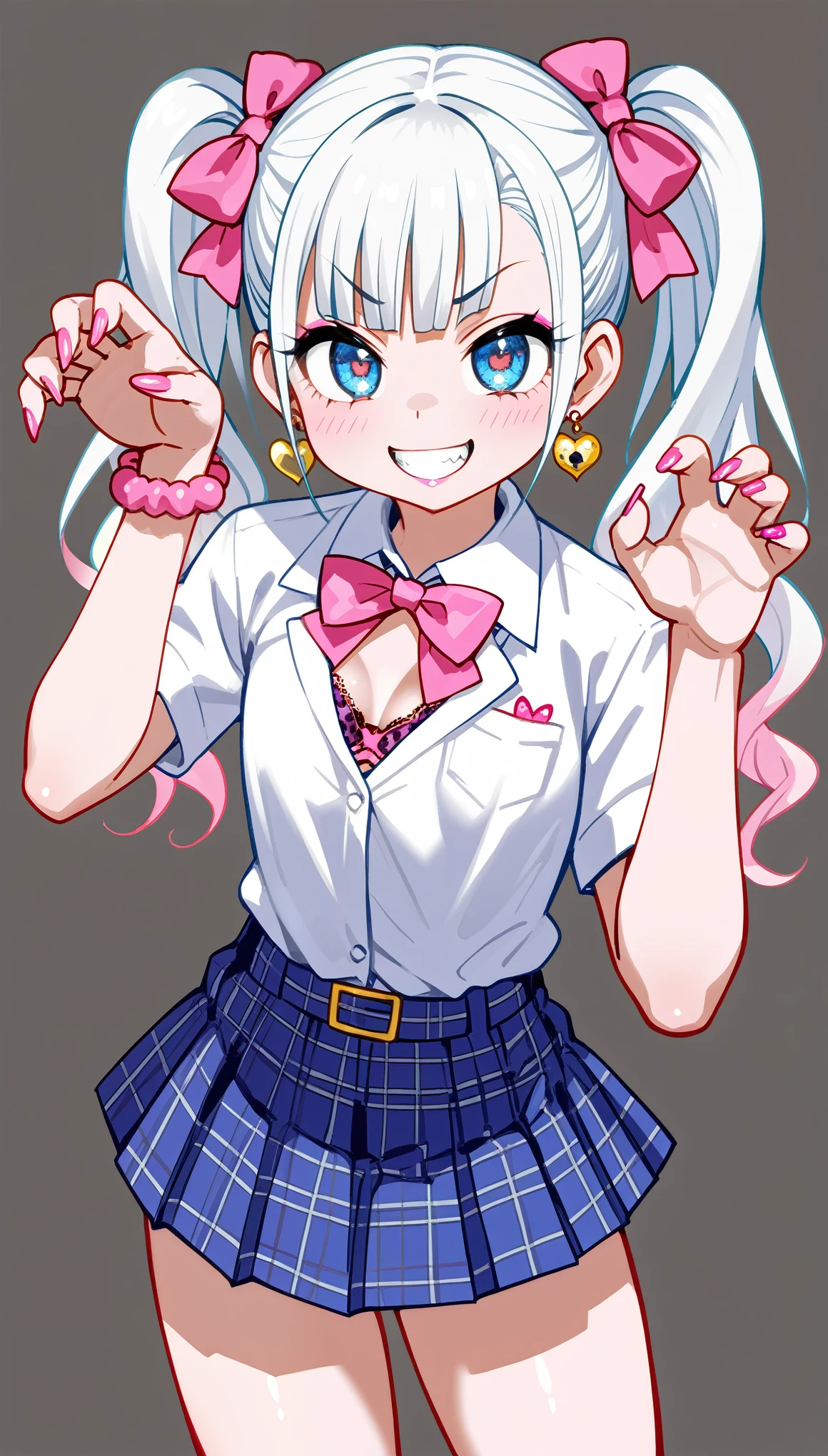 1girl, Anime Girls, (((gyaru))), bimbo, cowboy shot, (animal pose), five fingers, perfect hands,
asanagi style, mesugaki, pale skin, Wicked Smile, evil grin,
twin tails, white Hair, Hair ribbon, bimbo, ((dim body)), flat_chest, 
(skimpy clothing), blue short skirt, highleg panties, see-trough white shirt, leopard print bra, gyaru clothes,
looking at viewer, lewd, cute, big eyes, ero, ecchi,
Score_9,Score_8,score_7_up,source_anime, rating_questionable, 
