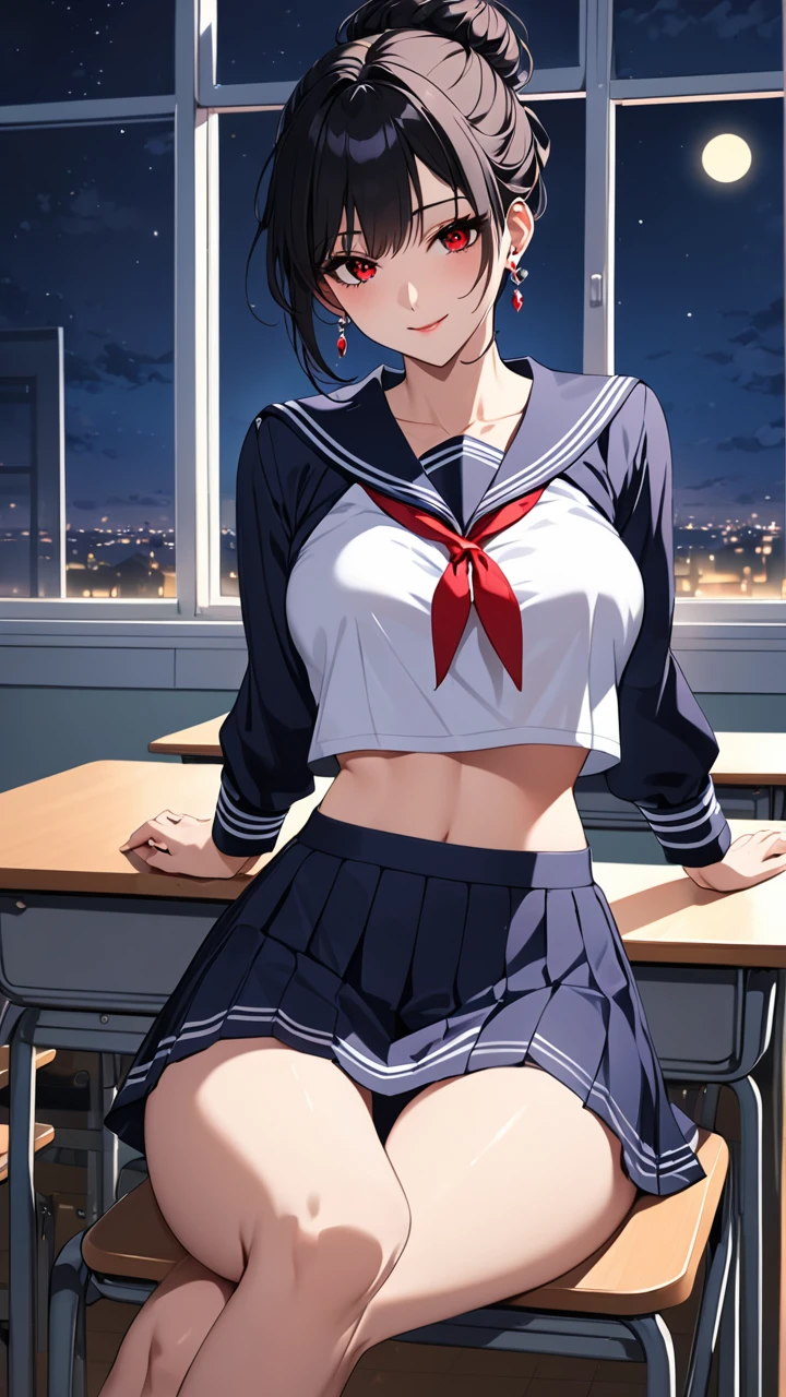 Highest quality　masterpiece　High resolution　masterpiece　Black hair　　Red sharp Eyes, messy bun hair, seductive smile, tight, classroom, night, mature female, earrings wearing long sleeves sailor uniform, nightmare, seducing, midriff, sit, hot, crossed legs, skirt 