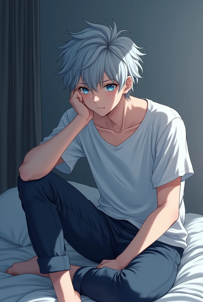 The 16-year-old boy with silver hair and blue eyes has just woken up from a nightmare and is thinking.