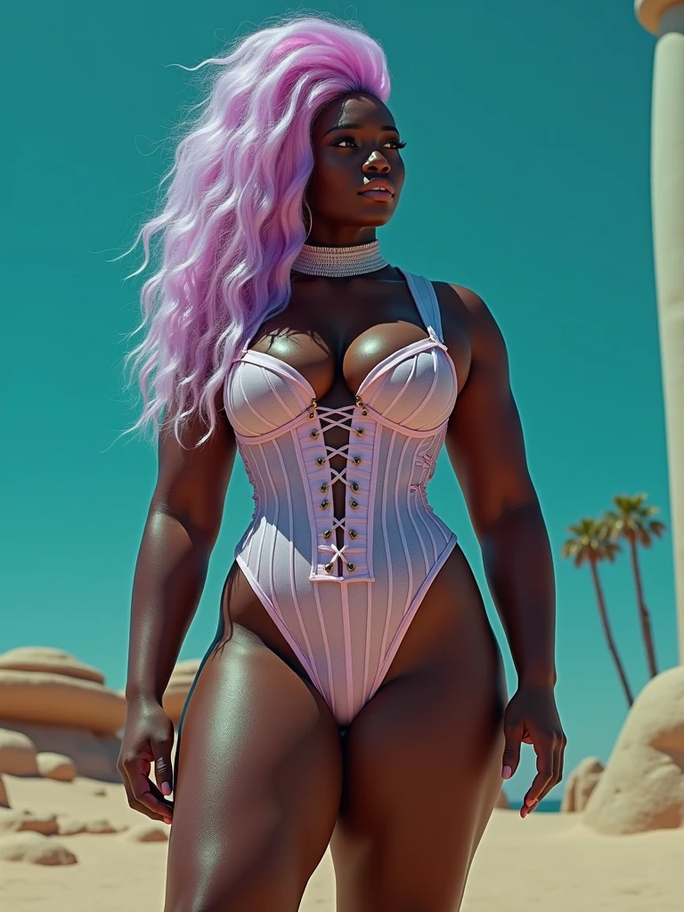 ,(realistic:1.5),photorealistic, octane render,(hyperrealistic:1.2),thick thighs,wide hips,huge thighs,(kneeling:1.2),dynamic pose,(dark skinned:1.4), (pink legwear:1.3), thigh highs,(skindentation:1.3),(photorealistic face:1.2),(2girls:1.4),(gigantic breasts:1.4),thick eyelashes,long eyelashes,pink hair,hair ribbon,arm straps,choker,(skindentation:1.3),(denim short shorts,white tankini:1.3),best quality, 1girl, (beautiful background:1.3),outdoors,(beach:1.2),dynamic pose,multicolored hair,streaked hair,hair ribbon,hair band, smile,parted lips,looking at viewer,sharp focus,(8k), (4k), (Masterpiece), (Best Quality), fantasy, extremely detailed, intricate, hyper detailed, (perfect face), illustration,soft lighting,(specular lighting:1.4),blue eyes,short hair,thong straps, --auto