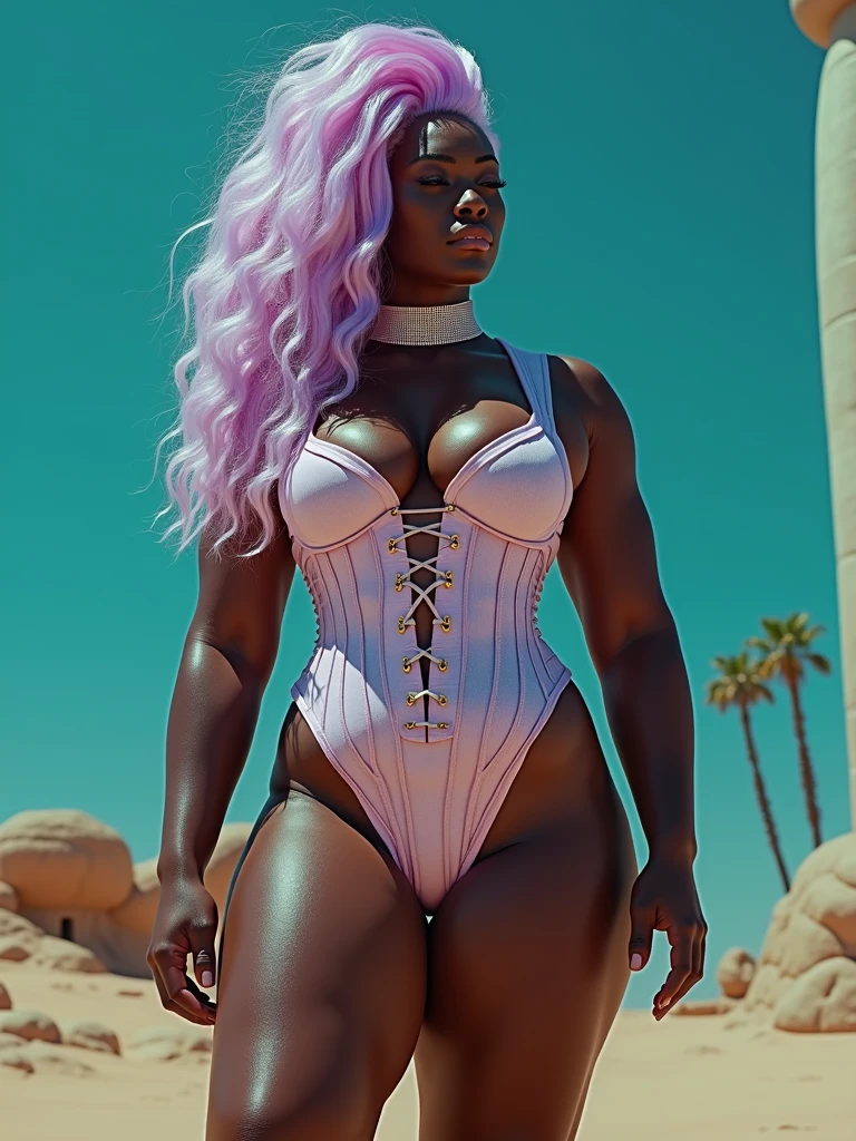 Garnet, Gasuit, breasts, slingshot swimsuit, one-piece swimsuit, pubic hair, cleavage cutout, exposed breasts, crotch cutout, posing, looking at viewer, masterpiece, professional illustration, rendered, sunglasses, square afro, ,  , exposed , exposed breasts, enormous breasts, m cup breasts, enormous , seductive