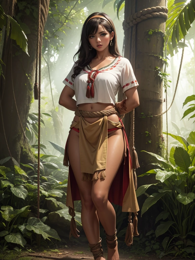 ((tmasterpiece)), ((Best quality at best)), ((extremely detaile)), ((1 girl plays Pocahontaull body, woman, Beautiful female breasts, (hyper realisitc), (Peerless), Detailed skin texture, Fine cloth texture, beautiful detailed face, Complicated details, ultra - detailed, Indigenous feather jewelry, feathered headdress, ((Handmade dress)) ((armed female hunter warrior)), dynamicposes, on the desert, Riding a horse, aim spear, hyper realisitc, concept-art, Elegant, ((iintricate)), ((The very detailed)), depth of fields, ((professional color graded)), gentle ambient lighting, eventide, (Best quality at best, A high resolution, force, primitive, 8K,tmasterpiece, ),Best quality at best, Masterpiece 8k.HighDynamicRange. High ribs:1.2, filmgrain, Blur bokeh:1.2, lens flare glow, (vibrant with colors:1.2), (Exquisite),