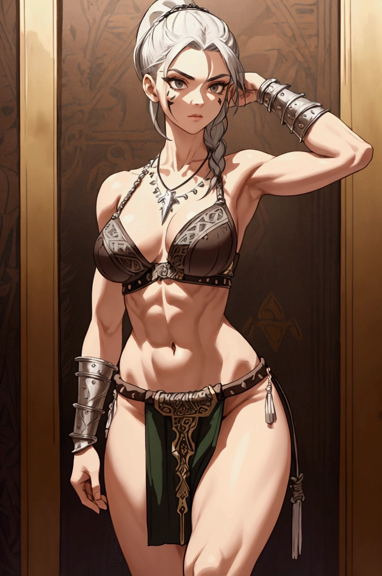 milf amazon woman with a greyish blond thick plait braid hairstyle holding a spear, toned body, triangular face, pronounced cheekbones, adult face, latina, standing tall