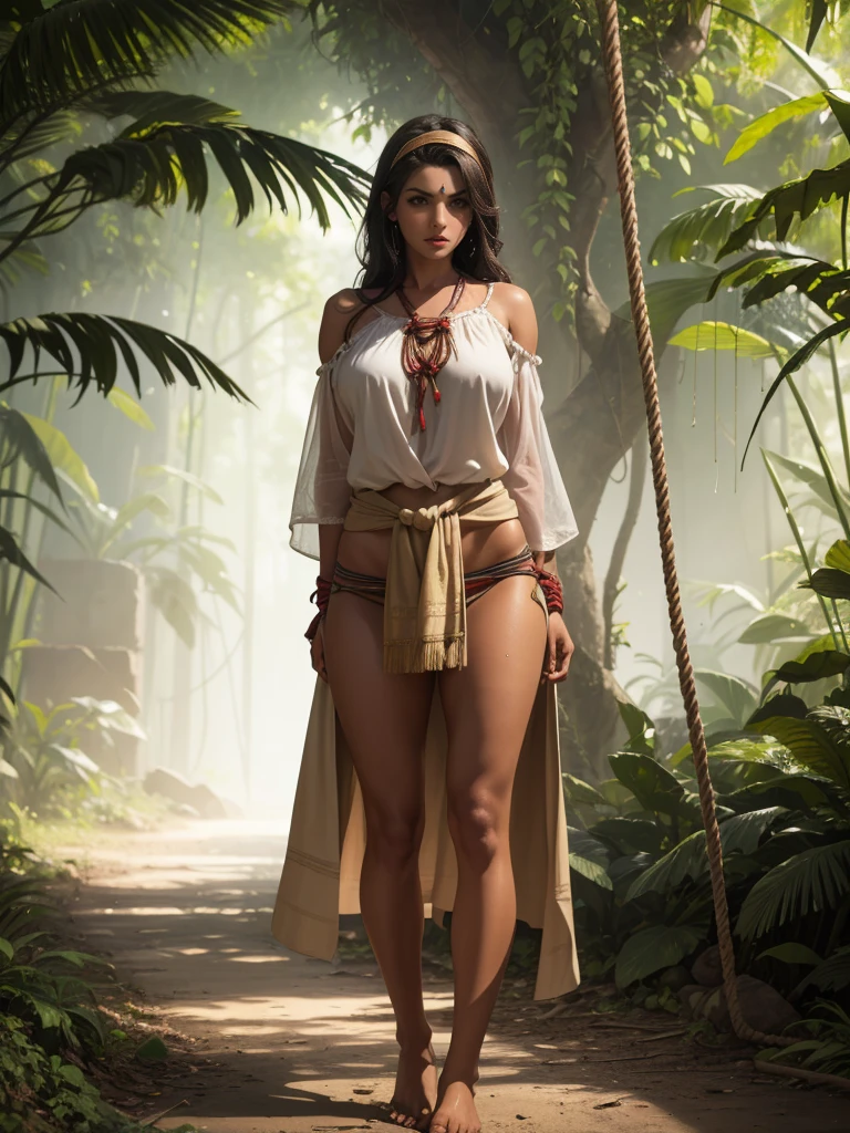 Beautiful, amazon native woman, (((brown skin tone))), black medium hair, hairband, Afro American, dewy complexion, long eyelashes,soft-petalled lips,(beautiful detailed lips:1.1),(medium breasts:0.9),youthful appearance, black locks cascading down, seductive sexy pose,(jungle background:1.1),soft sunlight, pastel color palette,(best quality:1.2),(highres:1.1),(realistic:1.37),(physically-based rendering:1.1),(vivid colors:1.1),(soft lighting:1.1), full body, (((visible feet))), native clothes, (((loincloth))), (((primitive native leather worn blouse))), primitive leather native clothes, captured, sweaty, blushed, (((tied hands with ropes))), (((arms behind back))), (((panic face))), (((frightened))), (((struggling))), (((full body)))