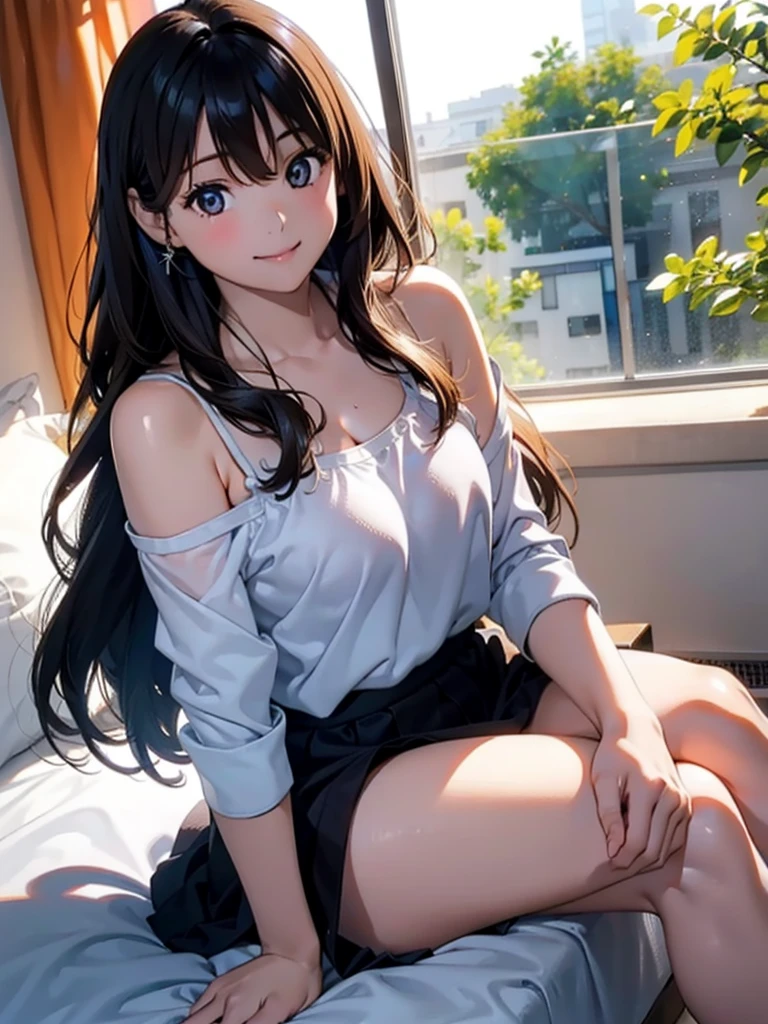 Very cute and beautiful girl sitting near the window,(Yellow checked summer dress with fine frills),No sleeve,Fine lace,(Spread your legs,White panties), (Very detailed美しい顔),Antique hotel bedroom with outside view,Distant Tree々and the sea, (smile),blush,Medium Hair,Black Hair,Low twin tails, (Highest quality,masterpiece:1.2),Absurd,High resolution,Super detailed,Very detailed,32k,8K resolution, Intricate details,Movie Scenes,Detailed Background,alone,Dynamic Angle, Natural light,Particles of light,Beautifully detailed skies,(Realistic),Perfect hands,